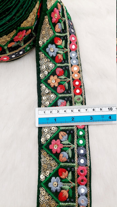 Floral Embroidered Velvet Trim Indian Sari Border, Sequin Trimming, Sequinned Lace